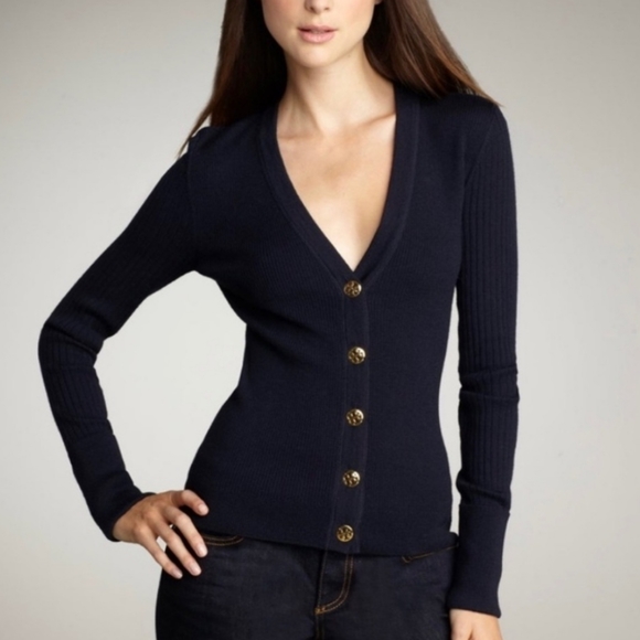 Tory Burch Blue Shrunken Simone Long Sleeve Cardigan - Picture 1 of 6